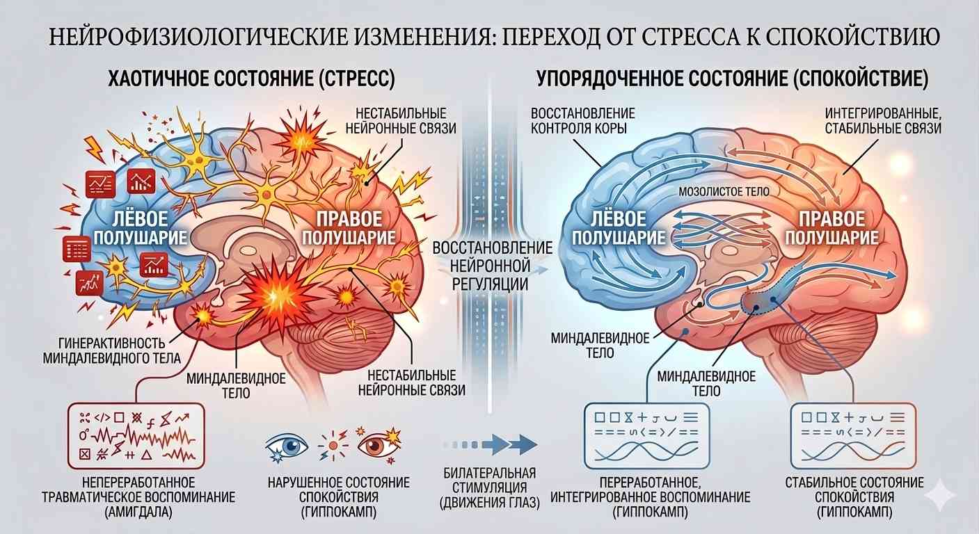 Инфографика нейрофизиологических изменений в мозге: сравнение хаотичного состояния стресса и упорядоченных связей после терапии.